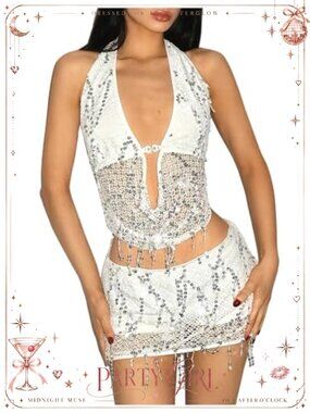 Tassel Sequin Halter Top & Mini Skort Set Backless Club Party Outfit